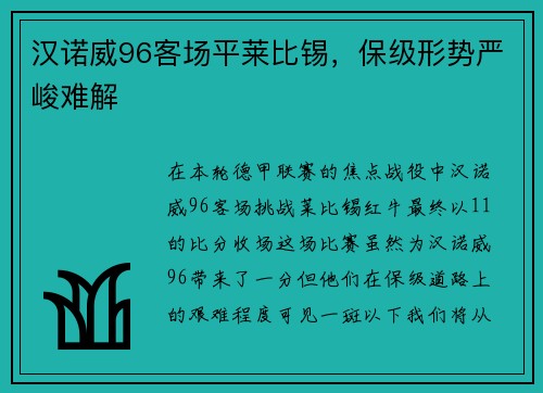 汉诺威96客场平莱比锡，保级形势严峻难解